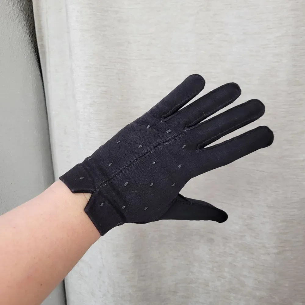 1950s Hand Made Hand Stitched Elegant Black Gloves with Subtle Dot Pattern